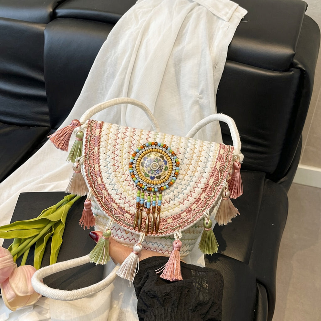 Bohemian Woven Straw Beaded Crossbody Bag