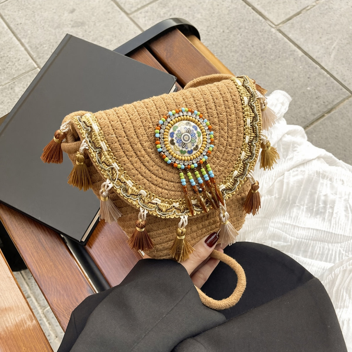Bohemian Woven Straw Beaded Crossbody Bag