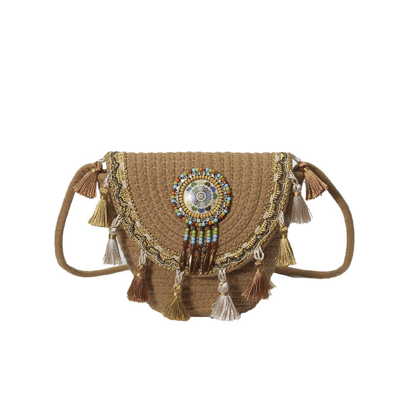 Bohemian Woven Straw Beaded Crossbody Bag