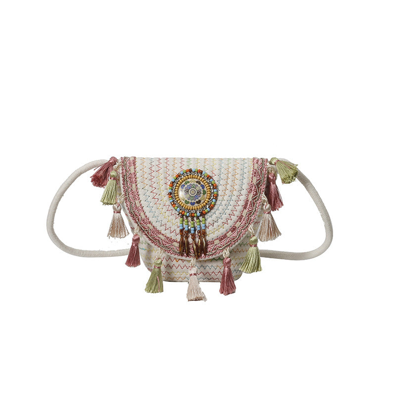 Bohemian Woven Straw Beaded Crossbody Bag