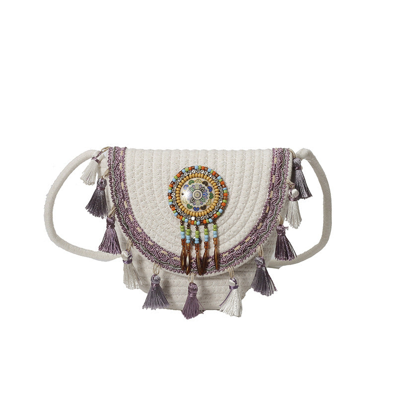 Bohemian Woven Straw Beaded Crossbody Bag
