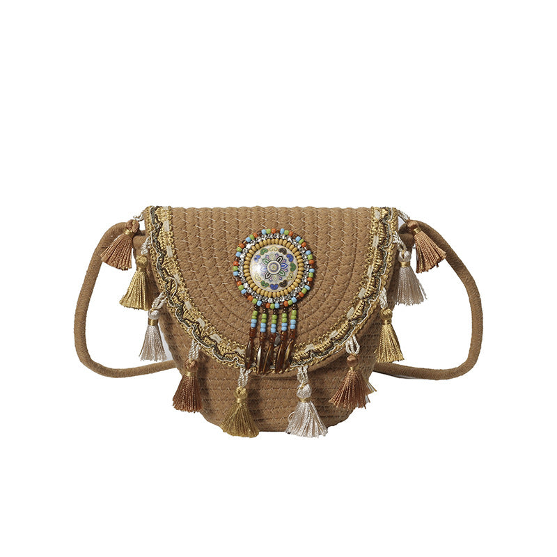 Bohemian Woven Straw Beaded Crossbody Bag