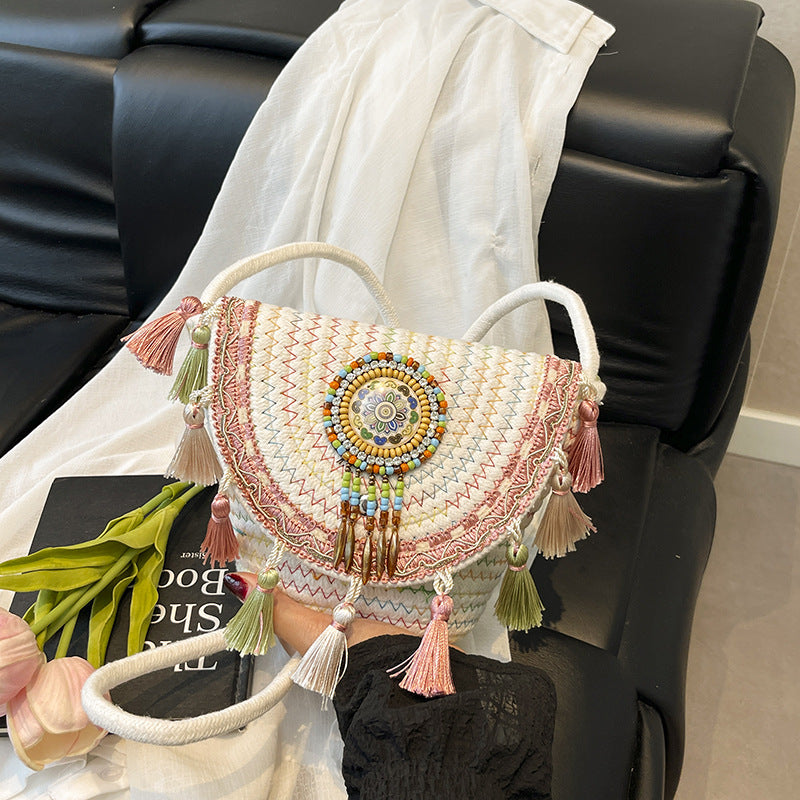 Bohemian Woven Straw Beaded Crossbody Bag