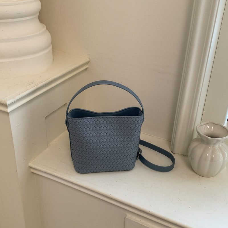 Woven PU Leather Bucket Shoulder Bag