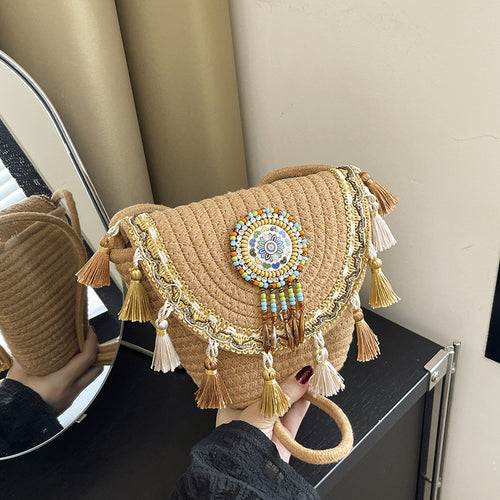 Bohemian Woven Straw Beaded Crossbody Bag