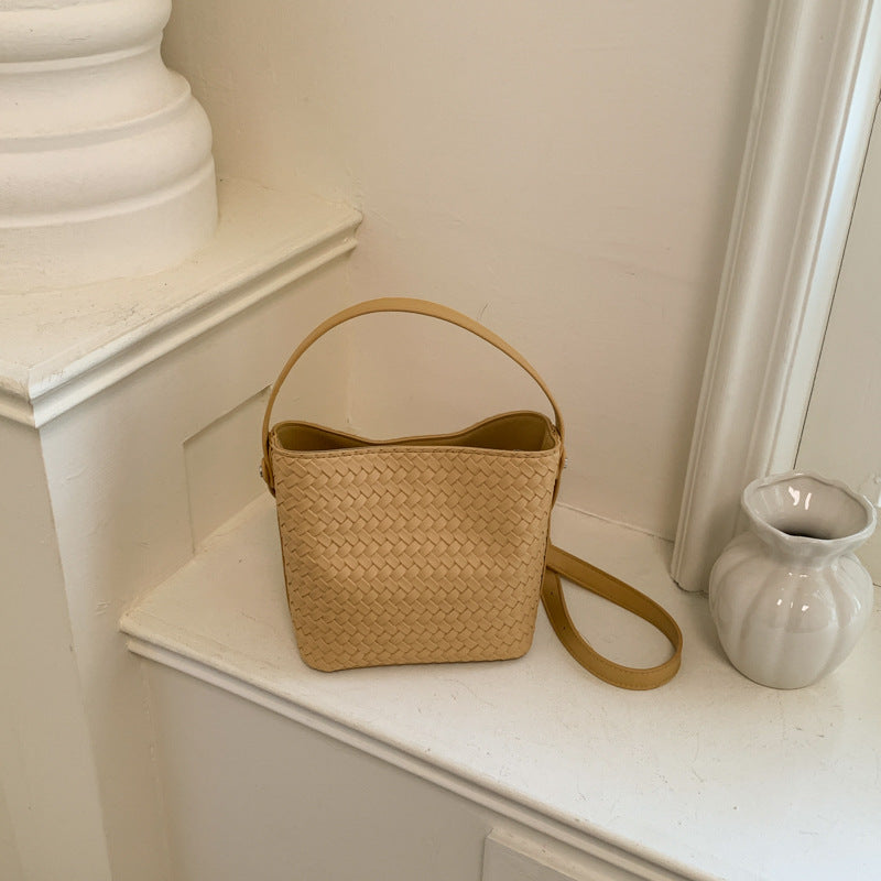Woven PU Leather Bucket Shoulder Bag
