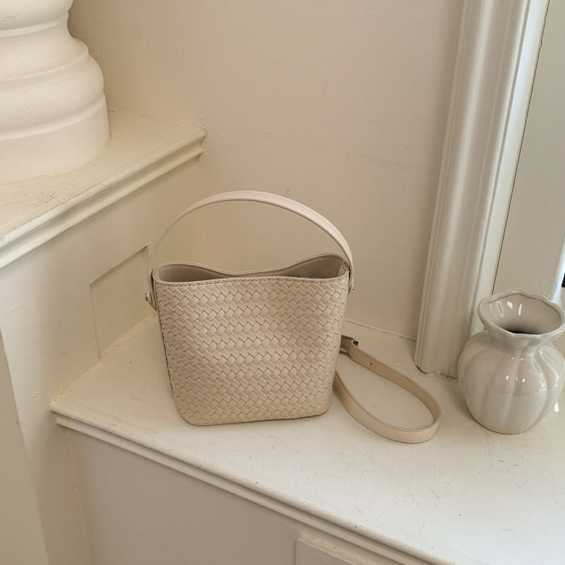 Woven PU Leather Bucket Shoulder Bag