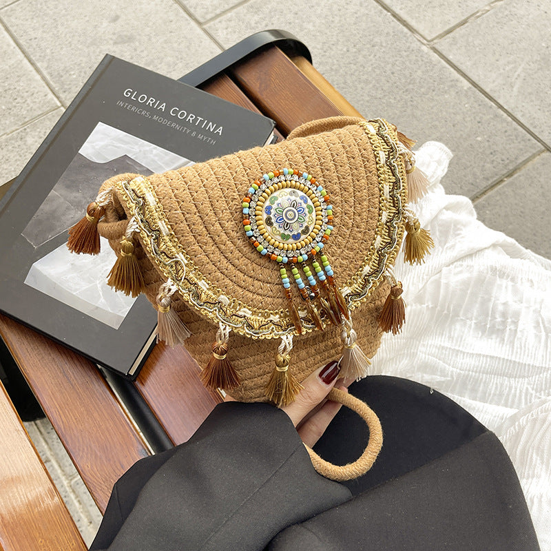 Bohemian Woven Straw Beaded Crossbody Bag