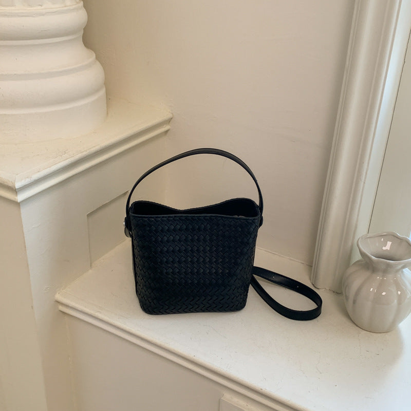 Woven PU Leather Bucket Shoulder Bag