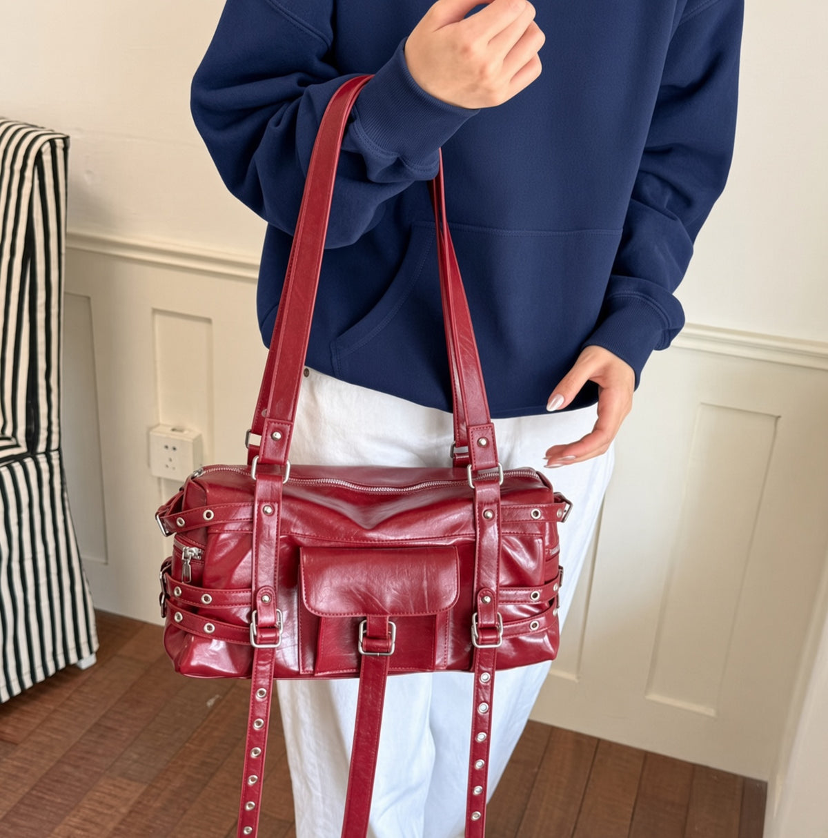Vintage Rivet Detail PU Shoulder Bag